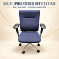 Blue upholstered rolling office chair hero — padded armrests and rolling base