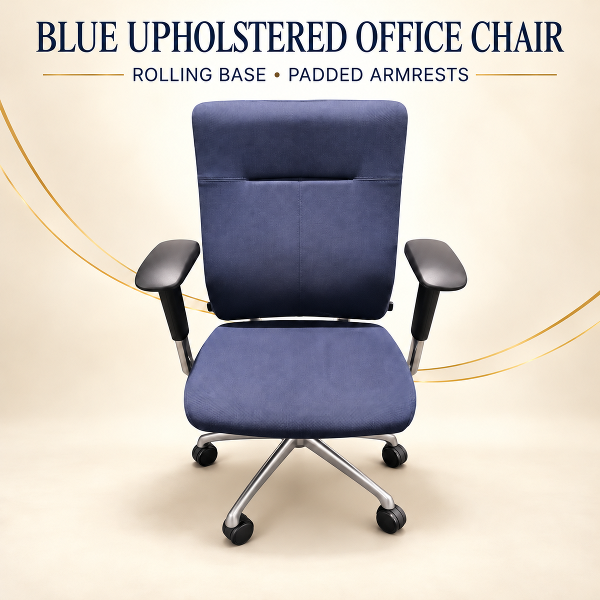 Blue upholstered rolling office chair hero — padded armrests and rolling base
