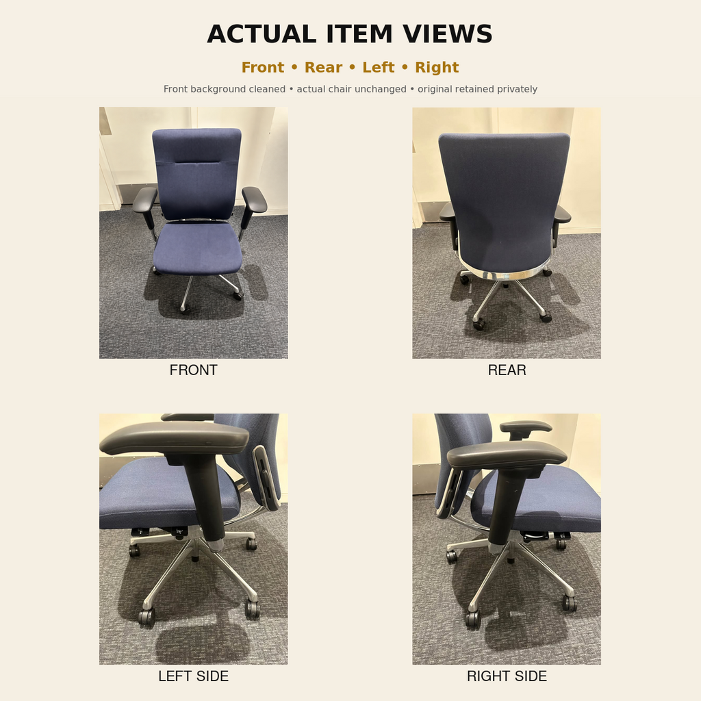 Blue upholstered rolling office chair — actual front, rear, left and right views; front background cleanup disclosed; actual chair unchanged