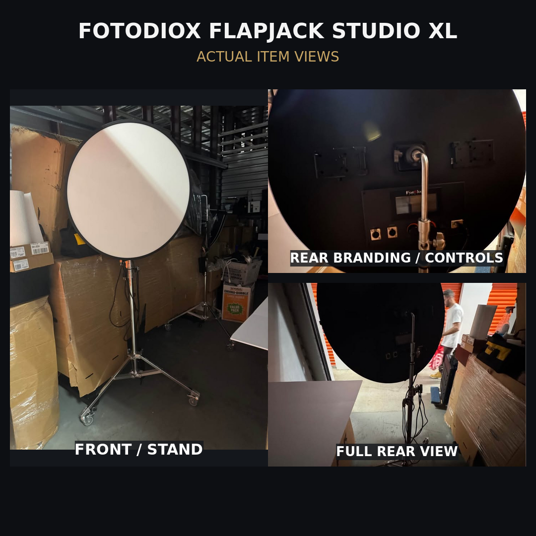 Collage of actual FlapJack Studio XL front, rear branding controls, and full rear views