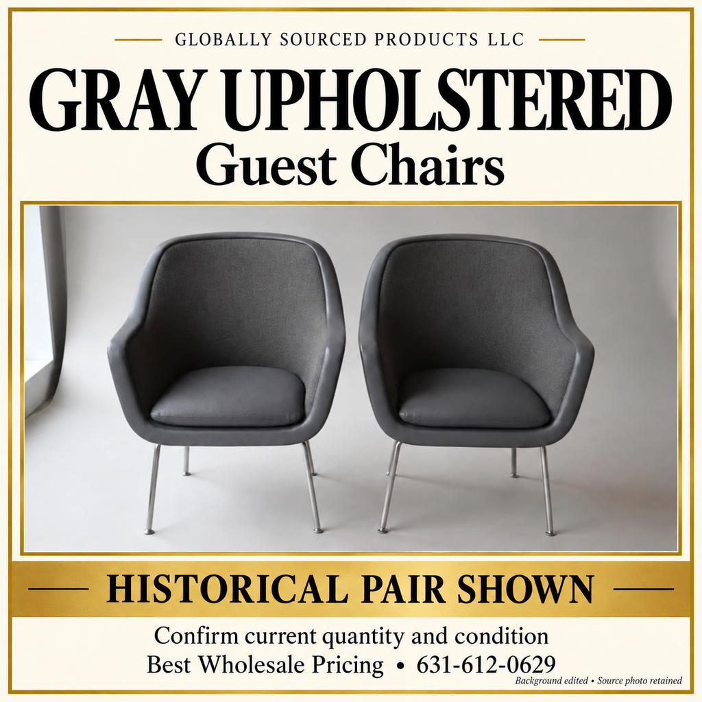 Brand-neutral presentation of historical gray guest-chair pair; background edited; current quantity unconfirmed