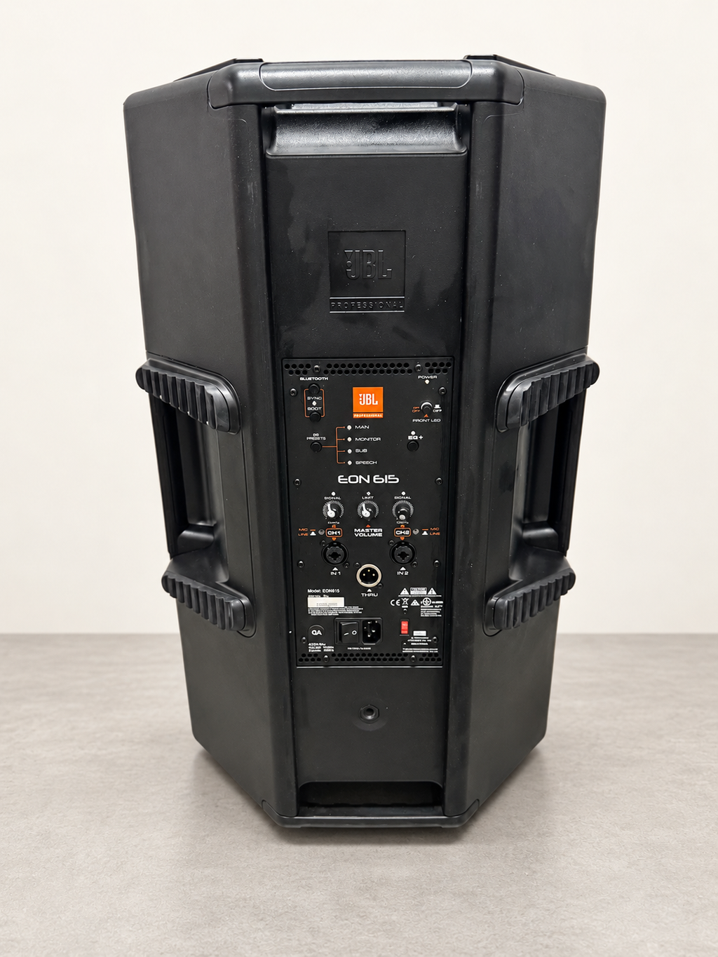 Rear full-product view associated with photographed JBL EON615 serial P1391-62367; staged neutral background.