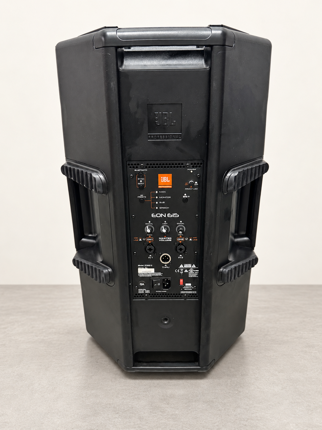 Rear full-product view associated with photographed JBL EON615 serial P1391-62367; staged neutral background.