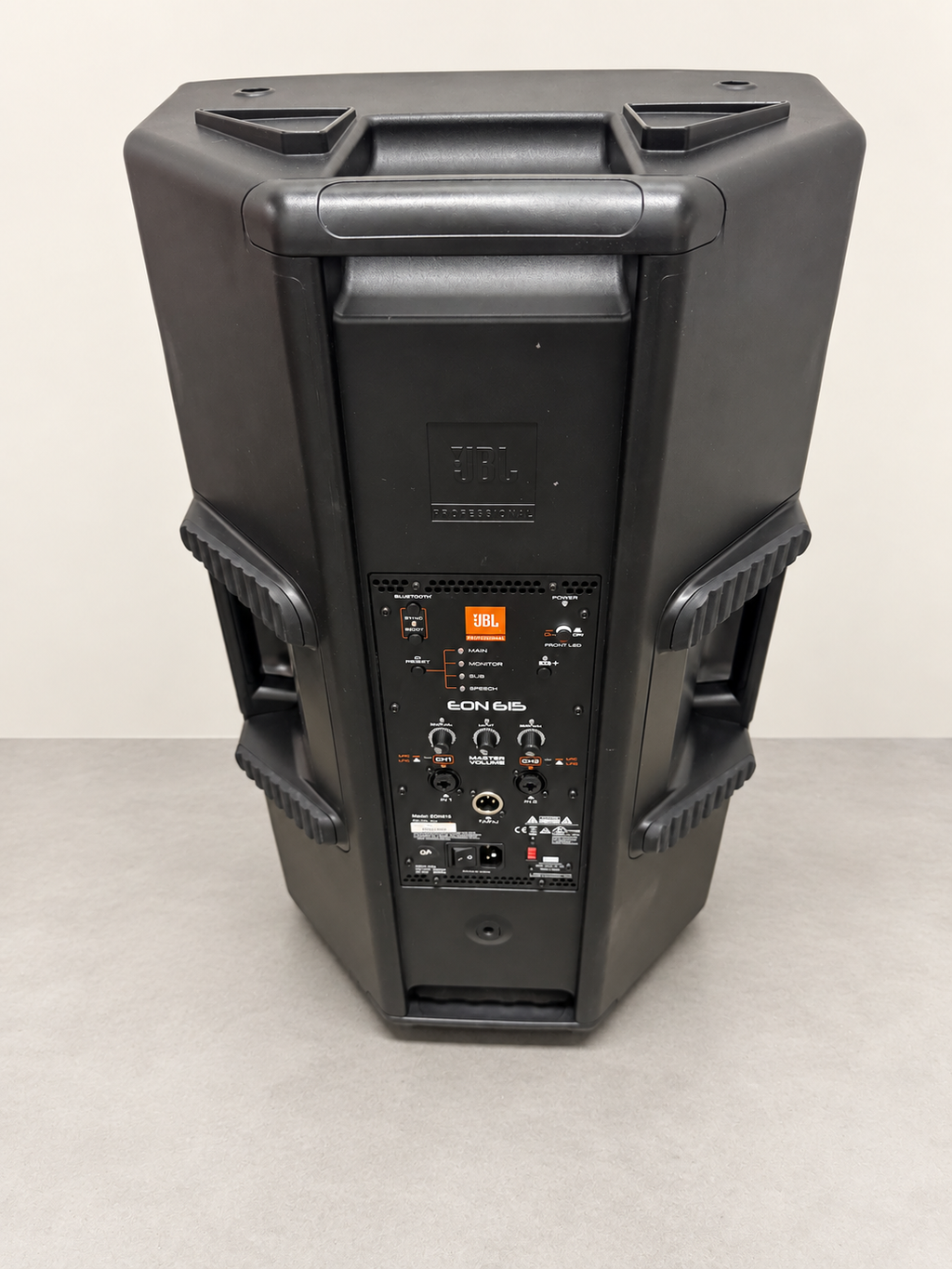 Rear full-product view associated with photographed JBL EON615 serial P1391-62270; staged neutral background.
