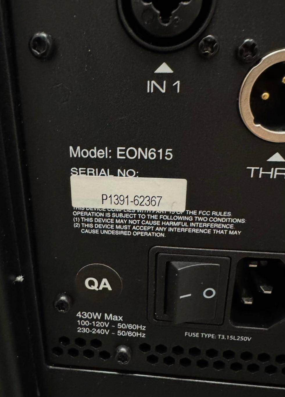 Original close-up of JBL EON615 model and serial label P1391-62367; condition and identity evidence.
