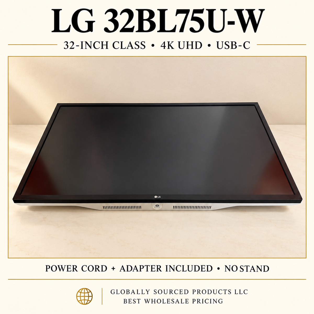LG 32BL75U-W actual monitor hero with staged cream background; power cord and adapter included, no stand.