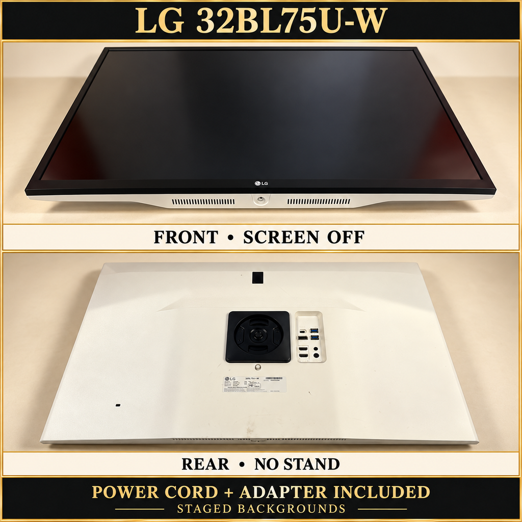 LG 32BL75U-W actual front and rear collage with staged cream backgrounds; power cord and adapter included, no stand.