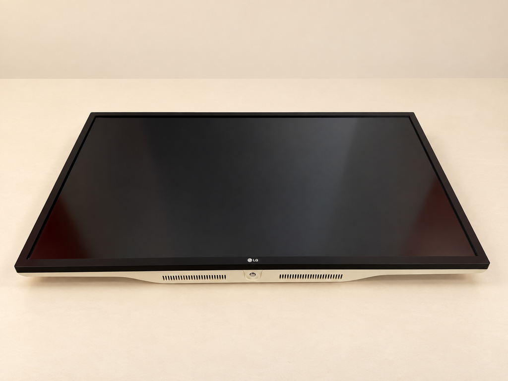 Exact LG monitor front angle; background staged cream, dark screen and visible wear retained.