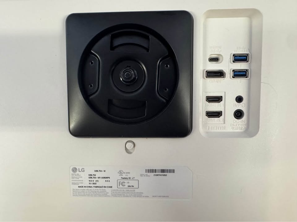 Original exact-item LG 32BL75U-W ports and mount close-up; unchanged condition evidence.