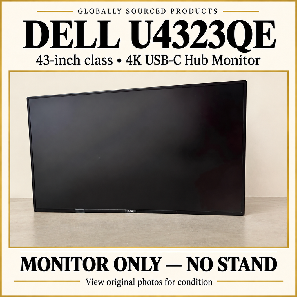 Dell U4323QE 43-inch-class monitor only with no stand, staged on a clean cream background; screen remains dark.